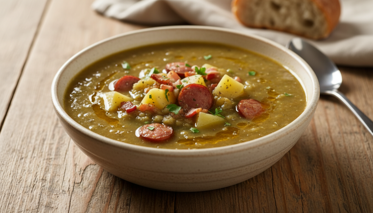 Grochówka wojskowa - sprawdzony przepis na gęstą i sycącą zupę z wędzonką