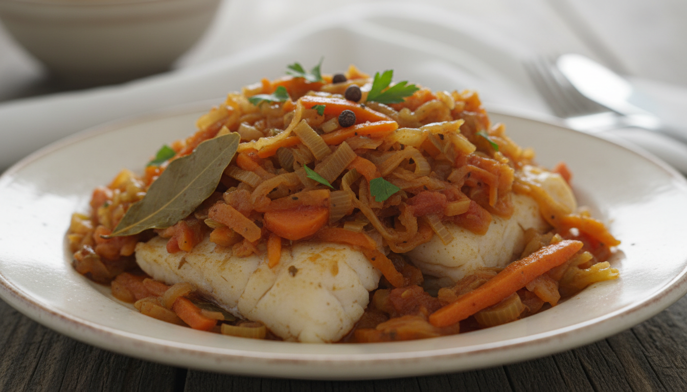 Ryba po grecku - przepis na soczyste filety pod aromatyczną warzywną pierzynką