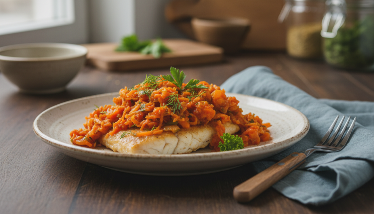 Ryba po grecku - przepis na soczyste filety pod aromatyczną warzywną pierzynką