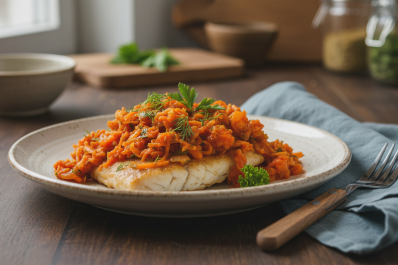 Ryba po grecku - przepis na soczyste filety pod aromatyczną warzywną pierzynką